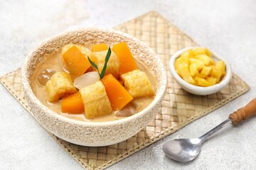 Kolak Pisang is an Indonesian dessert made from bananas, pumpkin cooked with coconut milk, palm sugar and pandan leaves.
