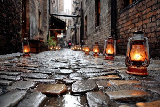 Cobblestone alleyway, lit by vintage lanterns, on a rainy day - Powered by Adobe