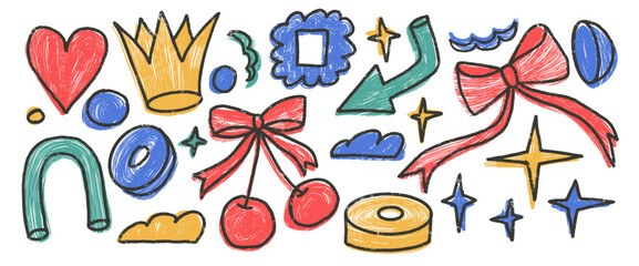 Graphic shapes crayon drawn set. Naive multi colors doodle stickers figures on white background. Crown, cherry, heart and geometric forms sketch elements. Vector illustration by pencil.