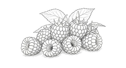 Detailed monochrome illustration of fresh raspberries with leaf accents