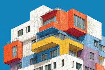 Colorful, geometric apartment building detail against a clear blue sky