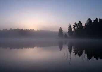 Fototapeta premium Serene misty lake at dawn with silhouetted pine trees reflecting in calm water under a soft gradient sky.