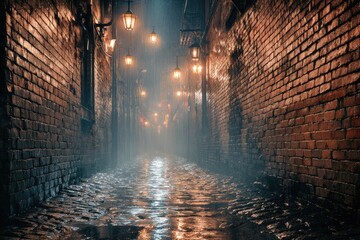 Misty, narrow alleyway bathed in lantern light