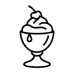 Black and White Outline Ice Cream Sundae Icon with Cherry for Dessert and Café Design