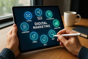 A close-up shot of a person hands holding a tablet displaying Digital Marketing along with relevant icons. The person is using a stylus to interact with the tablet.