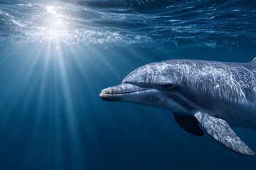 Fototapeta premium Bottlenose dolphin swimming underwater in sunlit blue sea, nature documentary still for marine education