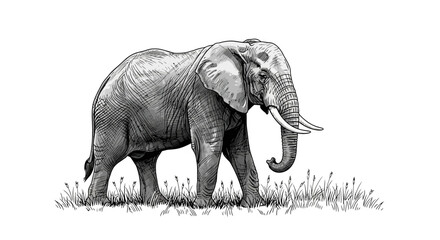 Fototapeta premium Detailed sketch of majestic elephant walking through grass field art