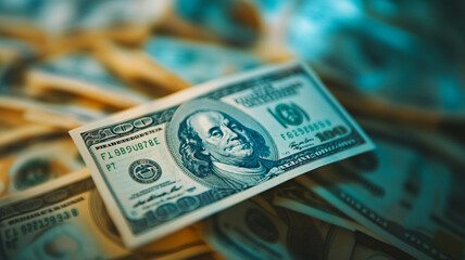 A close-up view of a one hundred dollar bill surrounded by various denominations of cash. The image captures the details of the currency with a blurred background for depth.