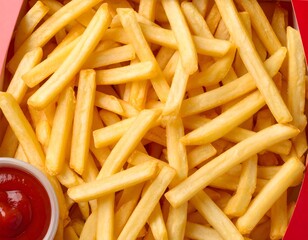 Crispy French fries in red carton with ketchup — golden shoestring fries close-up
