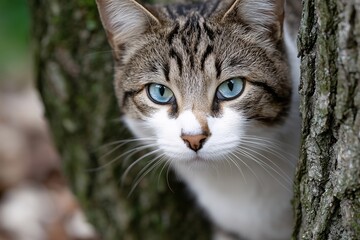 Closeup of blue eyed tabby cat peeking from behind tree, Focused gaze