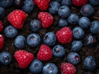 Fresh Berries in Soil. A CloseUp of Raspberries and Blueberries with Water Droplets.