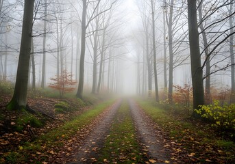 Fototapeta premium A misty forest path lined with bare trees and fallen autumn leaves, leading into a dense fog.