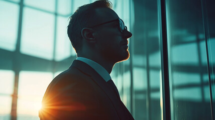 A silhouette of a man in a suit against a bright urban backdrop. The sunlight creates an inspiring atmosphere, symbolizing ambition and success in a modern business environment.