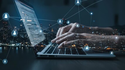 Modern Networking: Hands Typing on Laptop with Global Connections, Digital Cityscape, and Social Media Network Visualization - Powered by Adobe