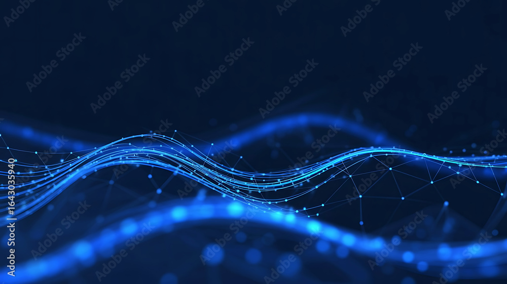 Wall mural abstract blue glowing digital wave pattern with particles on a dark background representing data flo