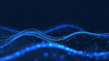 Abstract blue glowing digital wave pattern with particles on a dark background representing data flow and technology