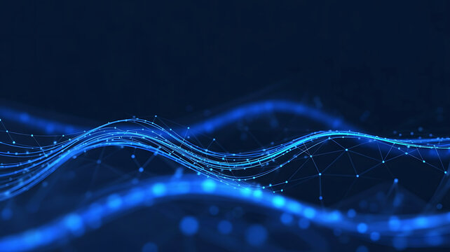 Abstract blue glowing digital wave pattern with particles on a dark background representing data flow and technology