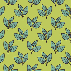 Seamless pattern of stylized teal leaves on a lime green background.  Perfect for textile design, wallpaper, or wrapping paper. Evokes feelings of nature, freshness, and growth.