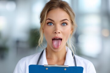 Young white female clinician showing tongue