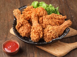 Crispy fried chicken is a dish made from pieces of chicken that have been coated with flour or a thin batter that is seasoned and fried, deep-fried, fried in a pressure fryer, or air-fried.