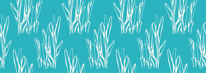 Seamless teal pattern of stylized white plants, reminiscent of coral or reeds.  Perfect for textile design, wallpaper, or website backgrounds. Evokes serenity, nature, and organic growth.