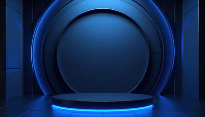 Dynamic blue circular stage setup studio environment visual content futuristic design low angle view professional presentation