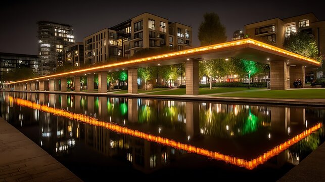 the image presents an urban landscape at night, dominated by a long, low structure illuminated with a glowing band of light along its edge