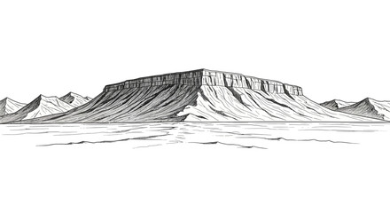 Ink drawn plateau landscape featuring mountains, sky, and terrain