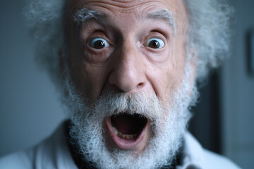 Elderly man with white beard looking shocked, Closeup portrait with wide eyes and open mouth, Dramatic surprised expression indoors