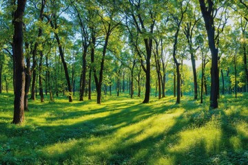 Sunny forest scene with dappled light