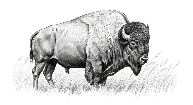 Majestic monochromatic bison illustration in natural grassland habitat