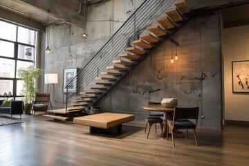 Modern loft space showcasing a steel staircase, wooden elements, and mid-century touches set against a backdrop of exposed concrete.