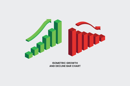 Isometric growth and decline bar chart vector illustration. Perfect for business analytics, financial reports, stock market trends, economic data visualization, investment presentations, and infograph