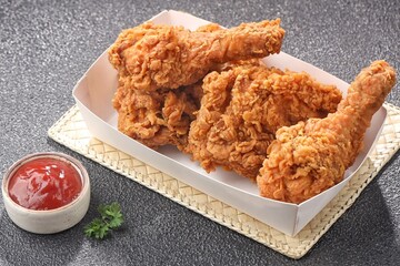 Crispy fried chicken is a dish made from pieces of chicken that have been coated with flour or a thin batter that is seasoned and fried, deep-fried, fried in a pressure fryer, or air-fried.