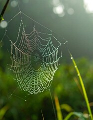 Dew-covered spiderweb in a natural setting, showcasing iridescent colors