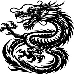 Fototapeta premium Magnificent Dragon Icon: Intricate black and white design of a powerful dragon, a symbol of strength and wisdom, depicted in a detailed illustration.