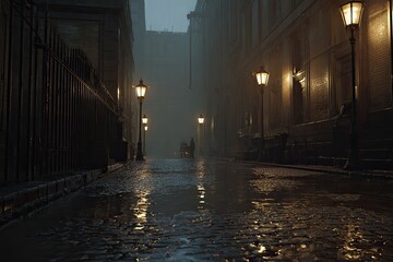 Misty, cobbled alleyway at twilight