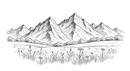 Monochrome mountain range drawing with meadow and flowers landscape