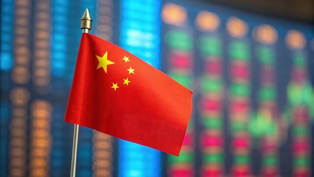 Digital stock market data and China flag — showing finance trends and economic development
