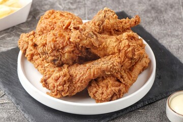 Crispy fried chicken is a dish made from pieces of chicken that have been coated with flour or a thin batter that is seasoned and fried, deep-fried, fried in a pressure fryer, or air-fried.