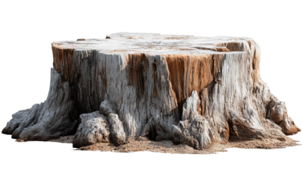 Tree trunk wood podium isolated on transparent background, high-resolution PNG cutout rustic stump display stand for product showcase, cosmetics and skincare mockups, minimalist branding, packaging