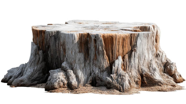 Tree trunk wood podium isolated on transparent background, high-resolution PNG cutout rustic stump display stand for product showcase, cosmetics and skincare mockups, minimalist branding, packaging