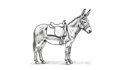 Serene Donkey with Saddle Standing Quietly on a Plain Background Sketch