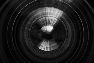 Macro camera lens,Photo Camera or Video lens close-up on black background DSLR objective