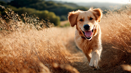 Happy golden retriever running through dry grass field