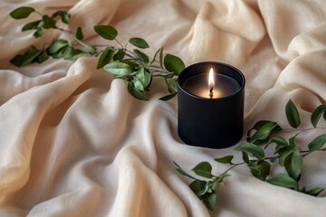Black candle with flame and green sprigs on beige draped fabric, soft light