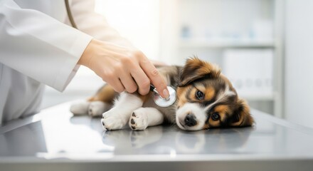 A veterinarian examines a calm puppy with a stethoscope on a stainless steel table in a bright, modern clinic. Perfect for pet care, vet services, or health-related use