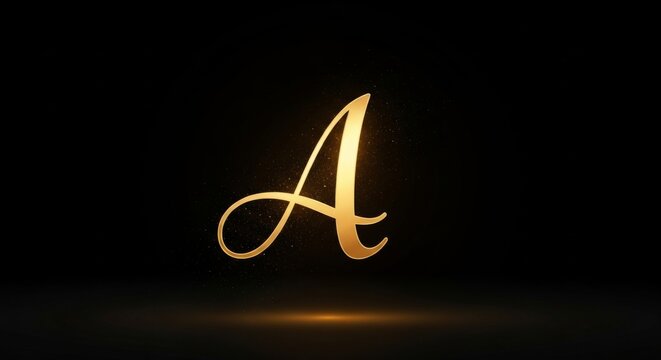Golden letter a with shimmering particles on black background