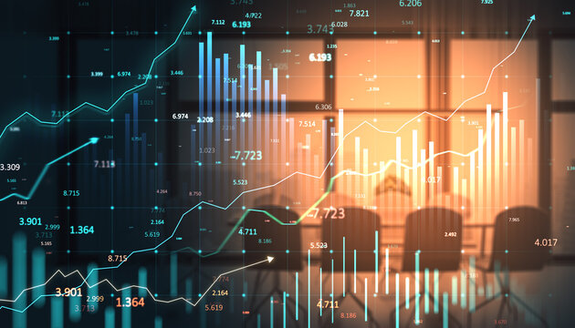 Abstract digital forex and stock market chart with data analysis lines and financial growth graph over office background with light exposure.