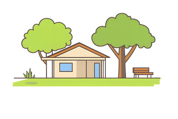 Charming cartoon illustration of a small house with two green trees and a wooden bench in a grassy yard isolated on transparent background
